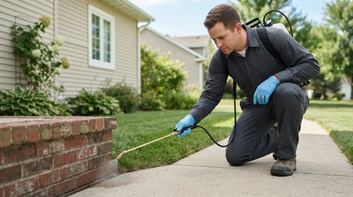 Pest control technician treating a home near Quinebaug, CT