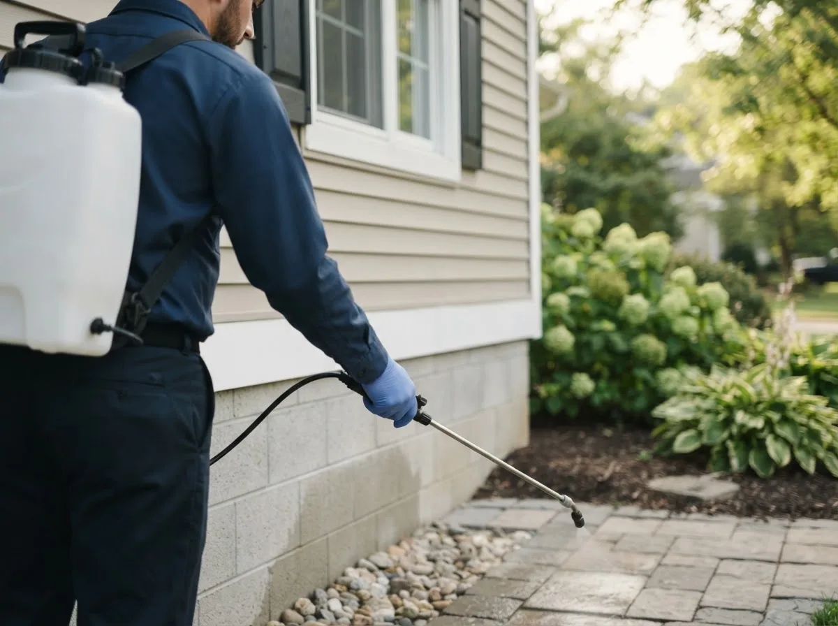 Pest control technician inspecting a home in Quinebaug, CT